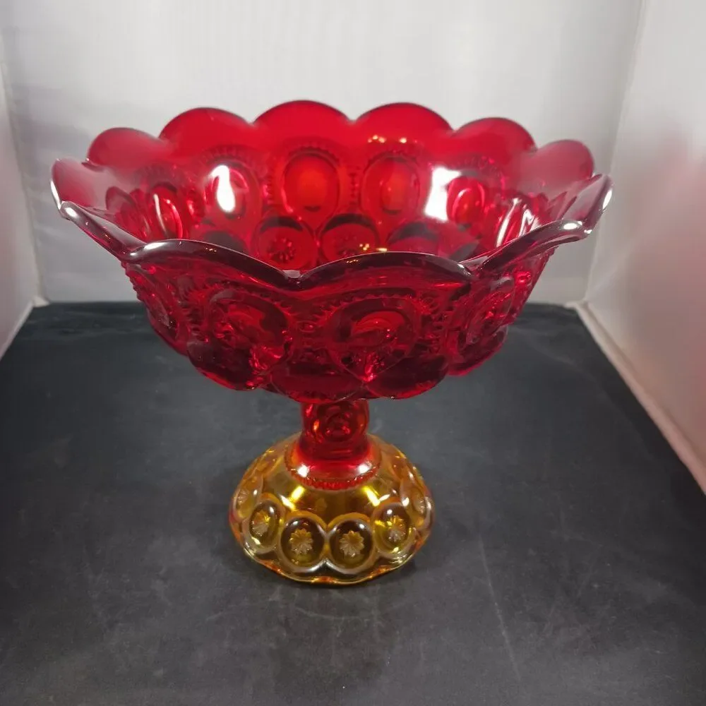 LE Smith Moon & Stars Red Orange Glass Pedestal Footed Compote Candy Dish Bowl